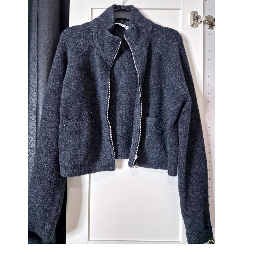 ZARA Charcoal Gray Zipper Front Cropped‎ Knit Sweater Jacket Size M
